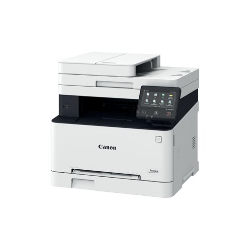 CO67024 | This Canon i-SENSYS MF657Cdw colour multifunctional A4 laser printer, copier, scanner and fax. Printer, copier and scanner produces quality prints at 21 pages per minute. The warm up time is 13 seconds or less from power on, with first printout in 10.5 seconds or less. Print resolution is up to 1200 x 1200 dpi. Automatic double-sided printing. Fonts: 93 PCL/136 postscript fonts. Copy resolution up to 600 x 600 dpi. Up to 999 multiple copies. Automatic 2-sided to 2-sided copying. Reduction/enlargement in 1% increments (25-400%). Colour scanner is a Platen, 2-sided ADF (single pass) type, with optical scan resolution up to 600 x 600 dpi, 24 bit input and output, 256 greyscales, and compatibility: TWAIN, WIA, ICA. Fax functionality offers modem speed of 33.6 Kbps (up to 3 seconds per page), with a memory of up to 512 pages, 281 speed dials, up to 299 groupdials/destinations. iFax compatible. All controlled via 127mm LCD colour touch screen. Supplied with Black: 1,350 pages, C/M/Y: 680 pages starter cartridges.