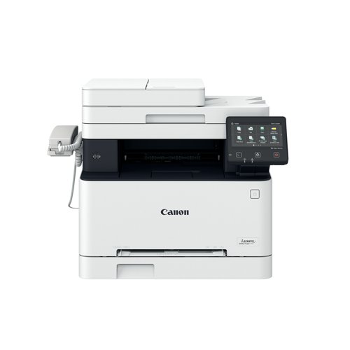 This Canon i-SENSYS MF657Cdw colour multifunctional A4 laser printer, copier, scanner and fax. Printer, copier and scanner produces quality prints at 21 pages per minute. The warm up time is 13 seconds or less from power on, with first printout in 10.5 seconds or less. Print resolution is up to 1200 x 1200 dpi. Automatic double-sided printing. Fonts: 93 PCL/136 postscript fonts. Copy resolution up to 600 x 600 dpi. Up to 999 multiple copies. Automatic 2-sided to 2-sided copying. Reduction/enlargement in 1% increments (25-400%). Colour scanner is a Platen, 2-sided ADF (single pass) type, with optical scan resolution up to 600 x 600 dpi, 24 bit input and output, 256 greyscales, and compatibility: TWAIN, WIA, ICA. Fax functionality offers modem speed of 33.6 Kbps (up to 3 seconds per page), with a memory of up to 512 pages, 281 speed dials, up to 299 groupdials/destinations. iFax compatible. All controlled via 127mm LCD colour touch screen. Supplied with Black: 1,350 pages, C/M/Y: 680 pages starter cartridges.