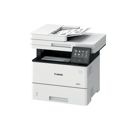 CO67033 | This Canon i-SENSYS MF553dw monochrome multifunctional A4 laser printer, copier and scanner. Printer and scanner produces quality mono prints at 43 pages per minute. The warm up time is 14 seconds or less from power on, with first printout in 5.7 seconds or less. Print resolution is up to 1200 x 1200 dpi. Colour scanner with 24 bit input and output, 256 greyscales, and compatibility: TWAIN, WIA, ICA. Scan to E-mail, Cloud and iFax. Fax modem speed 33.6kbps (up to 3 seconds/page). Fax memory of up to 512 pages. All controlled via 127mm LCD colour touch screen.