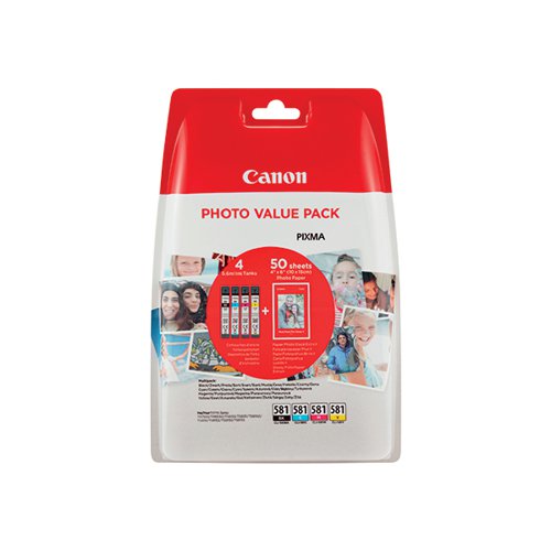 Canon CLI-581 Inkjet Cartridge + Photo Paper Plus Glossy II Value Pack CMYK 2106C006