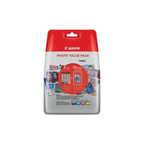 Canon CLI-571XL Inkjet Cartridges + 4x6 Photo Paper Glossy 50 Sheets Photo Value Pack CMYK 0332C006