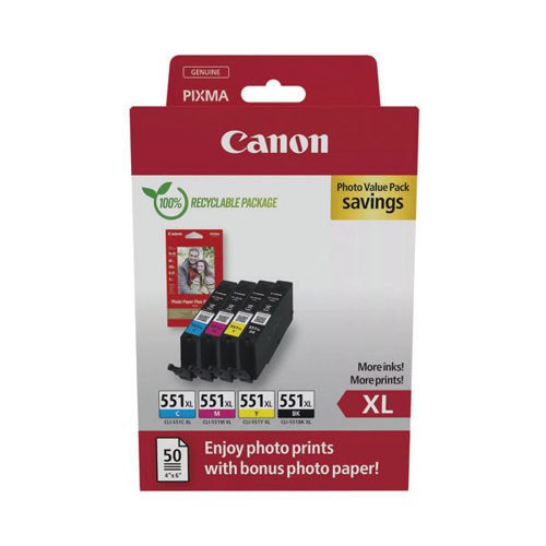 Canon CLI-551XL Inkjet Cartridges + Glossy Photo Paper Value Pack High Yield CMYK 6443B008
