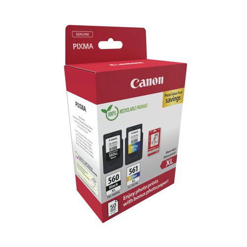 Canon CRG PG-560XL/CL-561XL Inkjet Cartridges + 4x6 Photo Paper 50 Sheets Value Pack K/CMY 3712C008 CO67940 Buy online at Office 5Star or contact us Tel 01594 810081 for assistance
