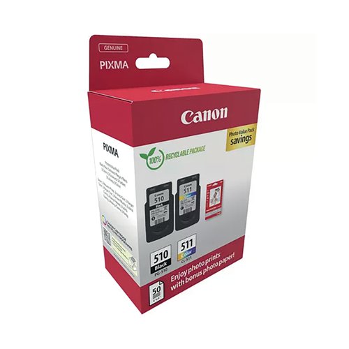 Canon PG-510/CL-511 Inkjet Cartridges + GP-501 Glossy Photo Paper 50 Sheets Value Pack 2970B017 CO67964