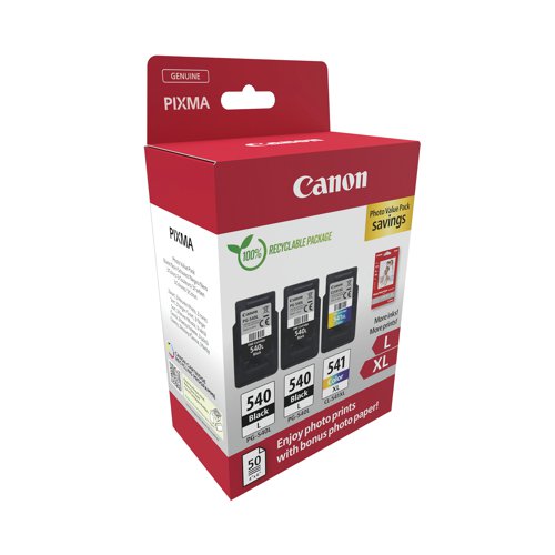 This Canon high yield photo paper value pack is your convenient solution to affordable printing. It includes two packs of the 11ml Canon PG-540L High Yield Black Ink Cartridges for printing up to 600 pages and one pack of the 15ml Canon CL-541XL High Yield Colour Ink Cartridge for printing up to 400 pages of vibrant colour. Genuine Canon Ink promises better quality and more reliability, meaning that you can print more for less. The photo value pack also includes 50 sheets of 10x15cm GP-501 Glossy Photo Paper for producing lab-quality prints of your photos.