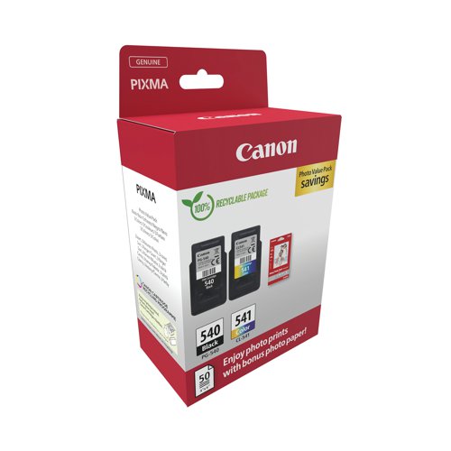 Canon PG-540/CL-541 Inkjet Cartridge + Glossy Photo Paper Value Pack Black/Colour 5225B013 CO67975 Buy online at Office 5Star or contact us Tel 01594 810081 for assistance