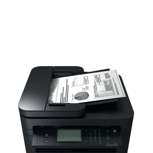 CO70249 | The Canon i-SENSYS LBP275dw A4 mono multi-function laser printer is able to print, copy, scan and fax documents. Designed for use in small offices and at home. Protects your documents, devices and network from viruses and data theft with 360-degree security. Features include secure start up and a security navigation guide. With a print speed and copy speed of up to 29 ppm (A4), with duplex printing providing a print speed of up to 18.5 ipm (A4). Includes Automatic document feeder functionality. Print resolution of up to 2400 equivalent x 600 dpi. Copy resolution of up to 600 x 600 dpi, copy 1-sided to 2-sided (automatic). Also offers colour scanning (flatbed) with automatic document feeder, with an optical scan resolution of up to 600 x 600 dpi. Scan to PC: Jpeg (single page only), Scan to cloud: TIFF/JPEG/PDF/PNG. Fax modem speed: 33.6 kbps (up to 3 seconds/page). Includes a fax memory of up to 256 pages, and up to 104 speed dials. Comes with a standard paper input 150-sheet cassette and 1 sheet multi-purpose tray. All operated via a 6 line black and white LCD touch screen control panel. Connect with USB 2.0 Hi-Speed, 10BASE-T/100BASE-TX, Wireless 802.11b/g/n, Wireless Direct Connection. Advanced printing features: Microsoft Universal Print support; iOS: AirPrint, Canon PRINT Business app; Android: Mopria certified, Canon PRINT Business app and Canon Print Service Plug-in. Supplied with 700 page starter cartridge (Black).
