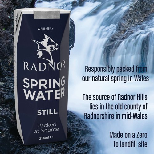 The source of Radnor Hills lies in the old county of Radnorshire in Mid Wales. The water filters naturally through layers of rock to achieve its exceptional taste and purity, with no preservatives. Radnor still spring water in a Tetra Pak carton, aseptically packed, with a convenient foil tab, so no need for a straw, drink straight from the pack. Carton is made from sustainable paperboard. Supplied in a pack of 24 printed Tetra Pak cartons in a cardboard tray and shrink wrapped for convenience. Each carton contains 250ml still water.