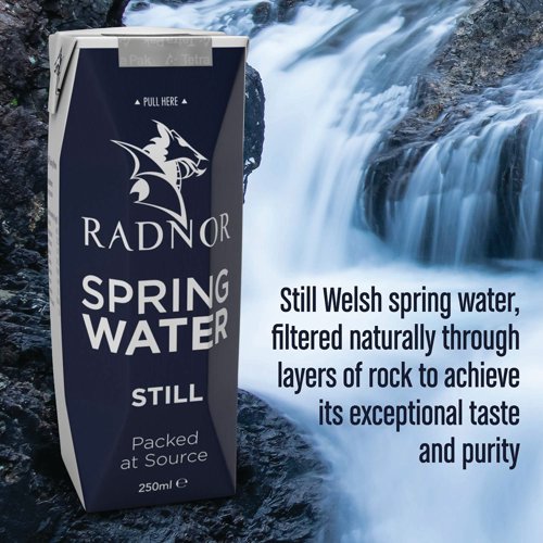 The source of Radnor Hills lies in the old county of Radnorshire in Mid Wales. The water filters naturally through layers of rock to achieve its exceptional taste and purity, with no preservatives. Radnor still spring water in a Tetra Pak carton, aseptically packed, with a convenient foil tab, so no need for a straw, drink straight from the pack. Carton is made from sustainable paperboard. Supplied in a pack of 24 printed Tetra Pak cartons in a cardboard tray and shrink wrapped for convenience. Each carton contains 250ml still water.