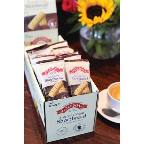 Paterson's treasured shortbread recipe made with fresh, locally sourced double cream. This two finger portion pack is ideal for the travel and hospitality industry. Supplied in a pack of 48, they are also great for break time snacks in the workplace.