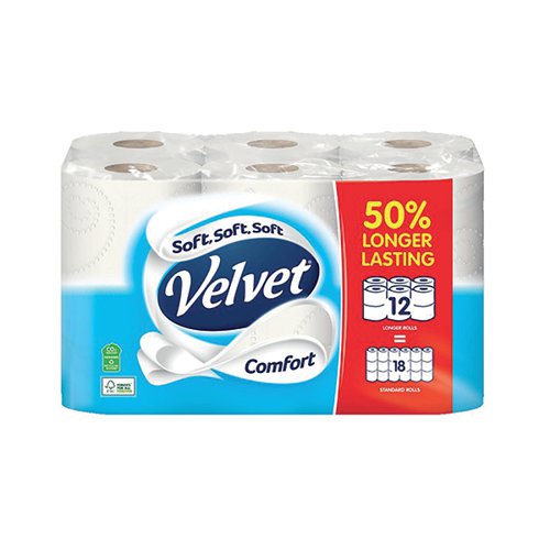 Velvet Comfort 2-Ply Toilet Rolls Longer Rolls (Pack of 12) 1102186