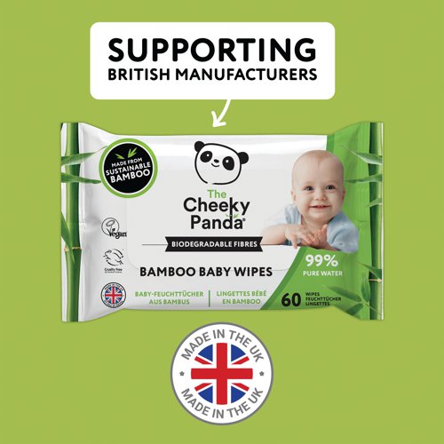 Cheeky Panda Biodegradable Bamboo Baby Wipes Packet of 60 Wipes (Pack of 12) BABYW-GBR - CPD63016