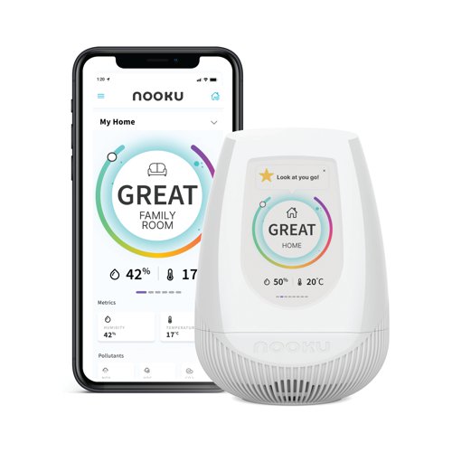 Nooku Fusion Indoor Air Quality Monitor is powerful and portable, the nooku fusion is our most advanced product with 6 key metric measurements; Humidity, Temperature, Volatile Organic Compounds (VOCs), Nitrous Oxide (NOx), CO2, Particulate Matter (PM 1-10). Wi-Fi and Bluetooth connected. The monitor is Wi-Fi and Bluetooth connected. Create a whole home or office solution. Easily connect with any other Nooku devices to create a multi-room solution, and monitor your whole home without the need for additional hubs.