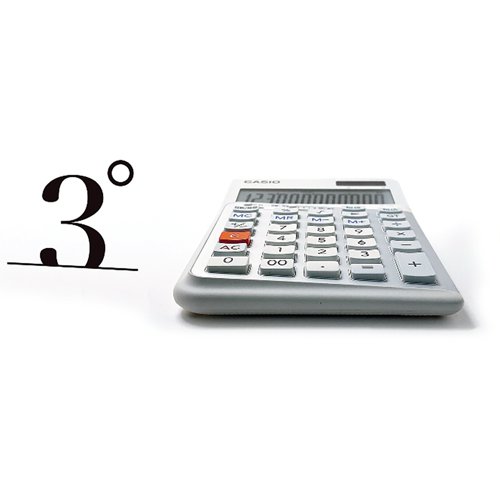 The Casio desktop calculators are ergonomically designed for right hand users and are extra shock-absorbing for less fatigue of the fingers even in full-day operation. The keypad is configured in an innovative staircase design, with 3 degree inclination from right to left side. This causes less underarm torsion and hand wrist rotation, as it adapts to natural finger / hand posture. The staircase key shape enables perfect vertical keystrokes and thus eases the key typing, lessens burden and helps avoiding Repetitive Strain Injuries. Featuring a range of functions this calculator is perfect for everyday use.