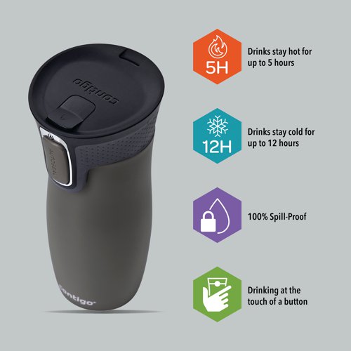 The Contigo West Autoseal travel mug is a stainless steel vacuum flask, perfect for hot and cold drinks while out and about, or near electrical items such as laptops, where spillage would be a problem. With a generous capacity of 470ml, the mug features an easy to clean lid made from BPA-free plastic. This leak-proof tumbler is supplied in a sleek Gun Metal grey finish with stainless steel interior and embellishment around the button. Keeping drinks hot for up to five hours and cold for up to 12 hours, the Contigo West travel mug is 100% spill-proof and the convenient button lock provides added security.