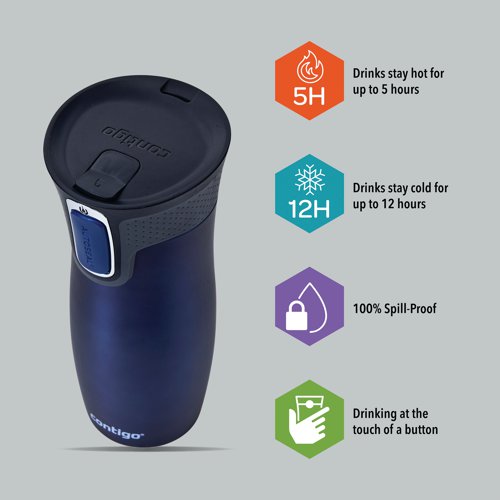 The Contigo West Autoseal travel mug is a stainless steel vacuum flask, perfect for hot and cold drinks while out and about, or near electrical items such as laptops, where spillage would be a problem. With a generous capacity of 470ml, the mug features an easy to clean lid made from BPA-free plastic. This leak-proof tumbler is supplied in a sleek Monaco blue finish with stainless steel interior and embellishment around the button. Keeping drinks hot for up to five hours and cold for up to 12 hours, the Contigo West travel mug is 100% spill-proof and the convenient button lock provides added security.