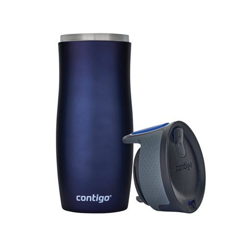 The Contigo West Autoseal travel mug is a stainless steel vacuum flask, perfect for hot and cold drinks while out and about, or near electrical items such as laptops, where spillage would be a problem. With a generous capacity of 470ml, the mug features an easy to clean lid made from BPA-free plastic. This leak-proof tumbler is supplied in a sleek Monaco blue finish with stainless steel interior and embellishment around the button. Keeping drinks hot for up to five hours and cold for up to 12 hours, the Contigo West travel mug is 100% spill-proof and the convenient button lock provides added security.