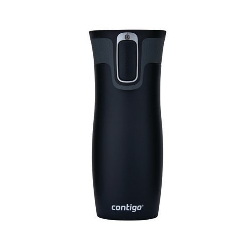 CTG15991 | The Contigo West Autoseal travel mug is a stainless steel vacuum flask, perfect for hot and cold drinks while out and about, or near electrical items such as laptops, where spillage would be a problem. With a generous capacity of 470ml, the mug features an easy to clean lid made from BPA-free plastic. This leak-proof tumbler is supplied in a sleek matte black finish with stainless steel interior and embellishment around the button. Keeping drinks hot for up to five hours and cold for up to twelve hours, the Contigo West travel mug is 100% spill-proof and the convenient button lock provides added security.