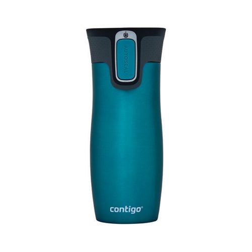 CTG16104 | The Contigo West Autoseal travel mug is a stainless steel vacuum flask, perfect for hot and cold drinks while out and about, or near electrical items such as laptops, where spillage would be a problem. With a generous capacity of 470ml, the mug features an easy to clean lid made from BPA-free plastic. This leak-proof tumbler is supplied in a sleek Biscay Bay blue finish with stainless steel interior and embellishment around the button. Keeping drinks hot for up to five hours and cold for up to 12 hours, the Contigo West travel mug is 100% spill-proof and the convenient button lock provides added security.