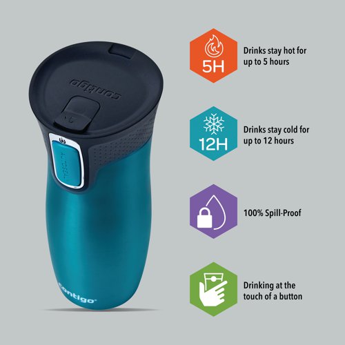 The Contigo West Autoseal travel mug is a stainless steel vacuum flask, perfect for hot and cold drinks while out and about, or near electrical items such as laptops, where spillage would be a problem. With a generous capacity of 470ml, the mug features an easy to clean lid made from BPA-free plastic. This leak-proof tumbler is supplied in a sleek Biscay Bay blue finish with stainless steel interior and embellishment around the button. Keeping drinks hot for up to five hours and cold for up to 12 hours, the Contigo West travel mug is 100% spill-proof and the convenient button lock provides added security.