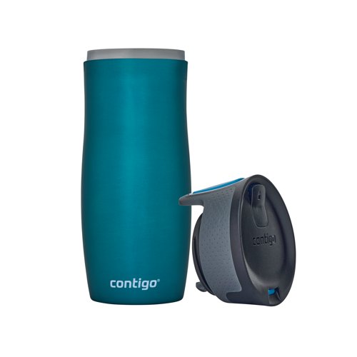 The Contigo West Autoseal travel mug is a stainless steel vacuum flask, perfect for hot and cold drinks while out and about, or near electrical items such as laptops, where spillage would be a problem. With a generous capacity of 470ml, the mug features an easy to clean lid made from BPA-free plastic. This leak-proof tumbler is supplied in a sleek Biscay Bay blue finish with stainless steel interior and embellishment around the button. Keeping drinks hot for up to five hours and cold for up to 12 hours, the Contigo West travel mug is 100% spill-proof and the convenient button lock provides added security.