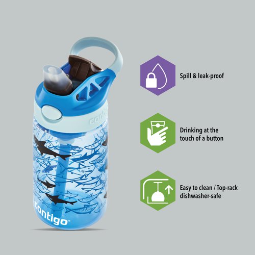 The Contigo Autospout children's drinks bottle features a flip straw which is opened by pressing a button. Ideal for use in sporting activities for children, this sports bottle has a capacity of 420ml, for keeping the user hydrated. Made from BPA-free plastic, this easy to clean bottle is dishwasher-proof and 100% leak-proof when in closed position. Supplied in blue with imagery of sharks.