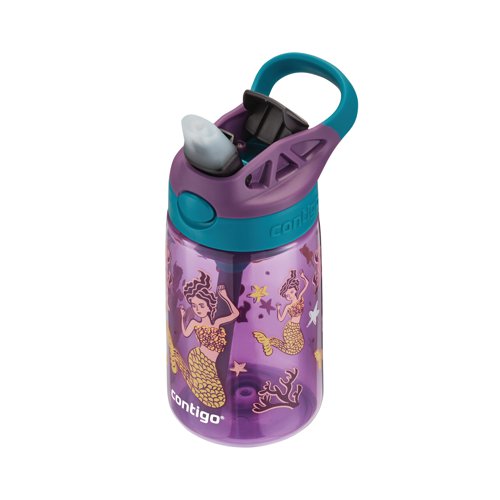 CTG16260 | The Contigo Autospout children's drinks bottle features a flip straw which is opened by pressing a button. Ideal for use in sporting activities for children, this sports bottle has a capacity of 420ml, for keeping the user hydrated. Made from BPA-free plastic, this easy to clean bottle is dishwasher-proof and 100% leak-proof when in closed position. Supplied in purple with imagery of mermaids.