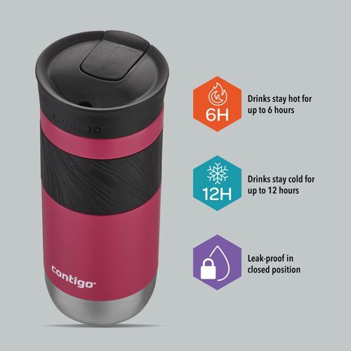 CTG16329 | The Contigo Byron 2.0 Snapseal travel mug is a stainless steel vacuum flask, perfect for hot and cold drinks while out and about. With a generous capacity of 470ml, the mug features an easy to clean, removable lid made from BPA-free plastic. This leak-proof tumbler is supplied in a bright Dragon Fruit pink finish with stainless steel interior and contrasting black grip band. Keeping drinks hot for up to six hours and cold for up to 12 hours, the Contigo Byron 2.0 travel mug is leak-proof when the lever is in closed position.