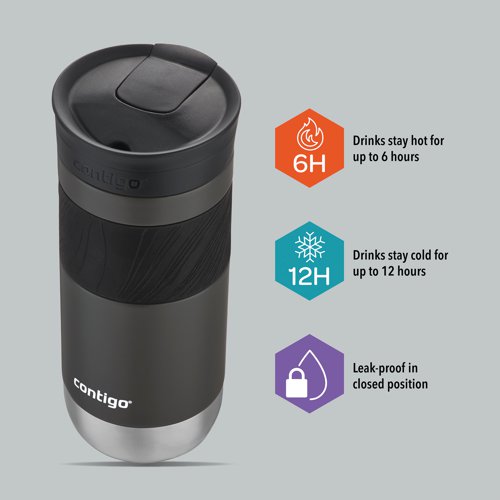 The Contigo Byron 2.0 Snapseal travel mug is a stainless steel vacuum flask, perfect for hot and cold drinks while out and about. With a generous capacity of 470ml, the mug features an easy to clean, removable lid made from BPA-free plastic. This leak-proof tumbler is supplied in a Sake grey finish with stainless steel interior and contrasting black grip band. Keeping drinks hot for up to six hours and cold for up to 12 hours, the Contigo Byron 2.0 travel mug is leak-proof when the lever is in closed position.