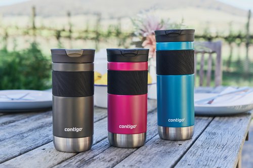 CTG16330 | The Contigo Byron 2.0 Snapseal travel mug is a stainless steel vacuum flask, perfect for hot and cold drinks while out and about. With a generous capacity of 470ml, the mug features an easy to clean, removable lid made from BPA-free plastic. This leak-proof tumbler is supplied in a Sake grey finish with stainless steel interior and contrasting black grip band. Keeping drinks hot for up to six hours and cold for up to 12 hours, the Contigo Byron 2.0 travel mug is leak-proof when the lever is in closed position.