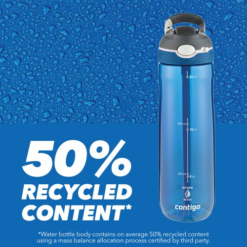 The Contigo Ashland Autospout Triton drinks bottle features a flip straw which is opened by pressing a button. Ideal for use in school, the gym, on bike rides, running, hiking and more, the Triton sports flask has a generous capacity of 720ml, for keeping the user hydrated. Made from BPA-free, 50% recycled plastic, this bottle is dishwasher-proof and leak-proof when in closed position. Supplied in Monaco blue with etched volume markings.