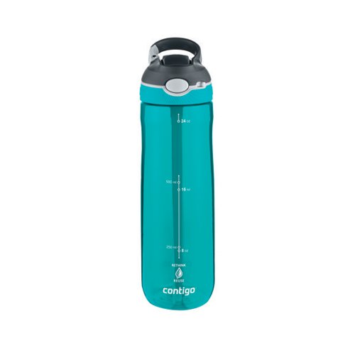 The Contigo Ashland Autospout Triton drinks bottle features a flip straw which is opened by pressing a button. Ideal for use in school, the gym, on bike rides, running, hiking and more, the Triton sports flask has a generous capacity of 720ml, for keeping the user hydrated. Made from BPA-free, 50% recycled plastic, this bottle is dishwasher-proof and leak-proof when in closed position. Supplied in Scuba green with etched volume markings.