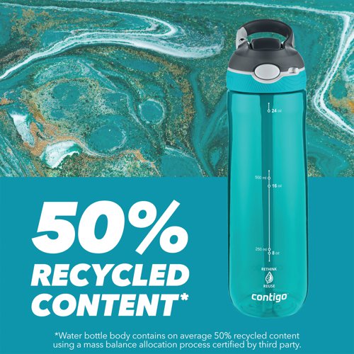 The Contigo Ashland Autospout Triton drinks bottle features a flip straw which is opened by pressing a button. Ideal for use in school, the gym, on bike rides, running, hiking and more, the Triton sports flask has a generous capacity of 720ml, for keeping the user hydrated. Made from BPA-free, 50% recycled plastic, this bottle is dishwasher-proof and leak-proof when in closed position. Supplied in Scuba green with etched volume markings.