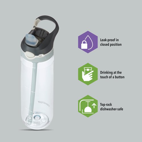 The Contigo Ashland Autospout Triton drinks bottle features a flip straw which is opened by pressing a button. Ideal for use in school, the gym, on bike rides, running, hiking and more, the Triton sports flask has a generous capacity of 720ml, for keeping the user hydrated. Made from BPA-free, 50% recycled plastic, this bottle is dishwasher-proof and leak-proof when in closed position. Supplied in Macaroon white with etched volume markings.
