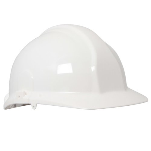 CTN58945 | Centurion 1100 full peak safety ratchet helmet. HDPE general purpose safety helmet fitted with a 6-point plastic cradle. Gives maximum comfort and balance for prolonged wear. Standard EN 397:2012+A1:2012.
