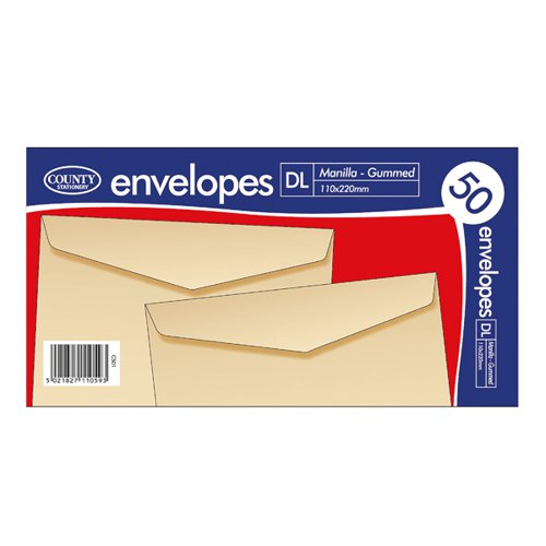 County Stationery DL Manilla Gummed Envelopes 20x50 (Pack of 1000) C501