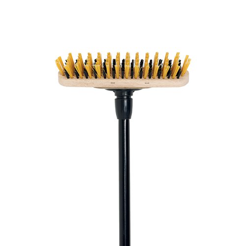 The Bulldozer 11 inch deck scrub broom has a stiff dual bristle fill of PVC and natural stiff Bassine bristles, designed for sweeping up heavy debris, wet and dry. The natural Bassine is resilient to both water and cleaning chemicals, the secondary stiff PVC bristles aid sweeping wet debris, including snow and ice. With an integrated metal scraper for removing stubborn debris such as moss, algae, snow and ice. The neoprene handle grip provides a cushioned grip with maximum hold for the user.