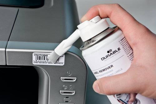 Durable Label Remover for removing adhesive paper labels. The liquid helps remove paper labels of all sizes without leaving any residue. The can includes an extension brush applicator to help spread the liquid across the label.