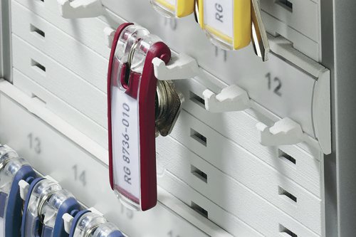The innovative Durable Key Clip revolutionises key box organisation. The label in this unique key holder is permanently on show, with the key positioned behind. The key clip is designed to hang on specifically produced key rails. Precisely shaped indentations in the key rail ensure the key clip holders are held securely in place but are also easy to remove. The easy-open label holder can be opened without needing to remover the key ring. Label templates can be downloaded free of charge from this website.