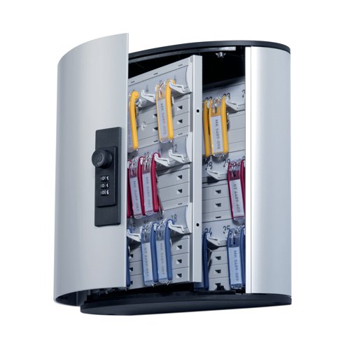 DB10447 | Manage keys securely and professionally with the stylish combination lock key safe from Durable. The key safe features an aluminium construction in a subtle silver colour that fits in effortlessly in the home or office. Thanks to the innovative design, the key clip plates are permanently visible, so keys are quickly and easily accessible. The key safe cabinet can be wall mounted and includes a mounting kit for easy installation, six coloured key clips, key drop off slot and an inscribable index sheet. Keys are kept safely and securely locked away yet easily accessible with the Durable key safe cabinet.