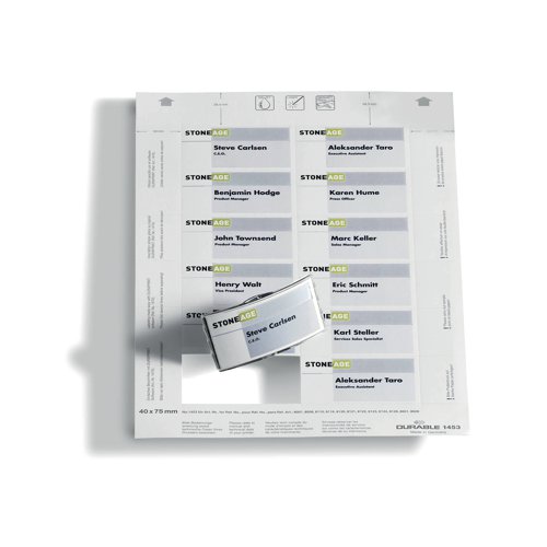 These Durable Badgemaker insert sheets allow you to create professional A6 name badges. Ideal for events, conferences, meetings, exhibitions and more. The micro-perforated insert sheets in A4 format are made from PEFC-certified paper. The insert sheets are compatible with laser or inkjet printers and can be printed double sided. Insert size: 40x75mm.
