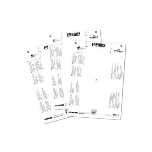 DB14058 | These Durable Table Place Name Holder Insert sheets allow you to create professional table place names. Ideal for events, conferences, meetings, exhibitions and more. The insert sheets are compatible with laser, inkjet printers and photocopiers, and can be printed double sided. The sheets are micro-perforated for easy removal of each badge. Create professional inserts in seconds with DURABLEs free to use DURAPRINT software. Dimensions: 52 x 100mm.