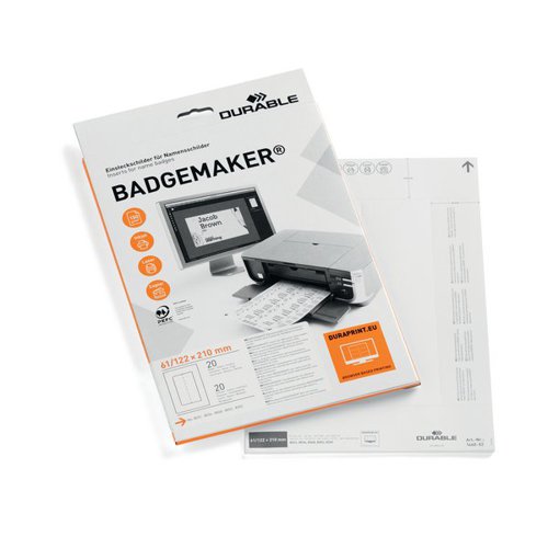 Durable Badgemaker Insert Sheets 61/122x210mm 150gsm White (Pack of 20) 146002