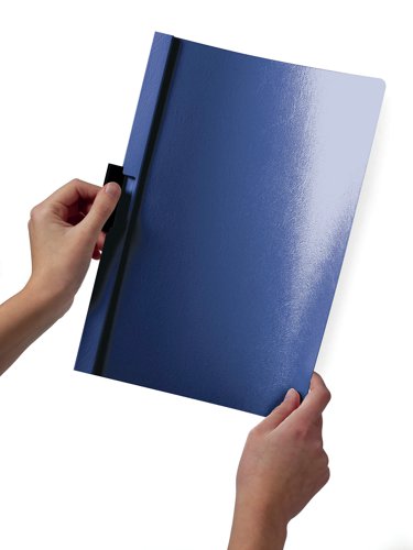DB220007 | The original DURACLIP file made of PVC plastic with a special sprung steel clip. Ideal for presentations, filing, quotations, conference/seminar notes and reports. The DURACLIP 30 folder has a capacity of 30 A4 sheets, a transparent front cover and coloured back and spine. Simply pull out the clip, insert the documents and push back the clip. The unique sprung steel clip adjusts itself to the number of sheets. Pack of 25 in dark blue.