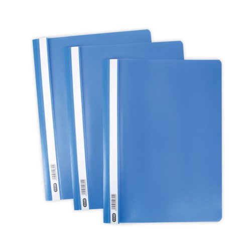 Ideal for filing and presentations, this Elba report file features a transparent cover for personalisation and a 2 prong, 8cm flat bar mechanism for A4 punched papers. Made from durable, wipe clean polypropylene, the file also features an opaque back cover for colour coded filing. This pack contains 50 blue report files.