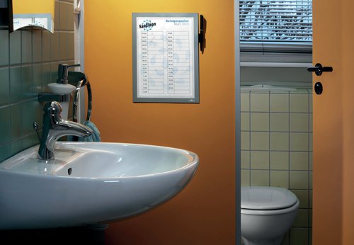 The self-adhesive info frame DURAFRAME NOTE with pen holder is the ideal solution for writing directly on documents and notices. The inserts can be quickly exchanged thanks to the magnetic fold-back frame. The inserts can be directly written onto making it perfect for cleaning rota's in public toilets, as an event sign up sheet in the workplace or for safety and maintenance check lists.