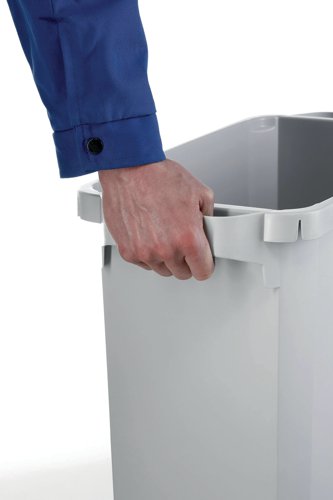 The Durabin 60 litre Rectangular bin has handles for easy transportation. Ideal for waste-disposal and recycling in the office and warehouse environment. The Durable bin is Food Safe to European Standard (pursuant to EU Directive 1935/2004/EU) and can be stored in a freezer. The grey bin measures 282x590x600mm in size.