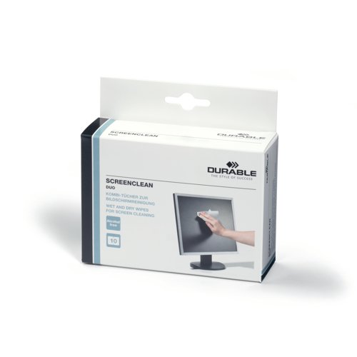 Durable Screenclean Duo Wet and Dry Wipe Set Alcohol Free Individually Wrapped (Pack of 10) 572102 Durable (UK) Ltd
