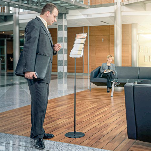 This floor stand with acrylic A4 display panel features a telescopic rod and metal base with scratch-proof powder coating. The fully adjustable angle of the display panel holder offers +/- 14 degrees, ensures reading comfort. Ideal for use at exhibitions, reception areas and hotels, the stand is height adjustable from 660 to 1140mm. Supplied in grey.
