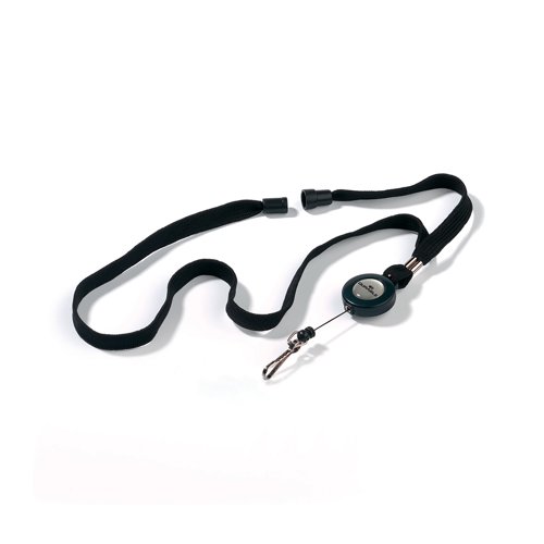 Durable Textile Lanyard with Badge Reel. The black lanyard can be combined with every DURABLE name badge with punched holes. The lanyard has a safety release which opens should the lanyard become trapped or caught. The length of the lanyard is 440mm, while the badge reel length is 850mm.